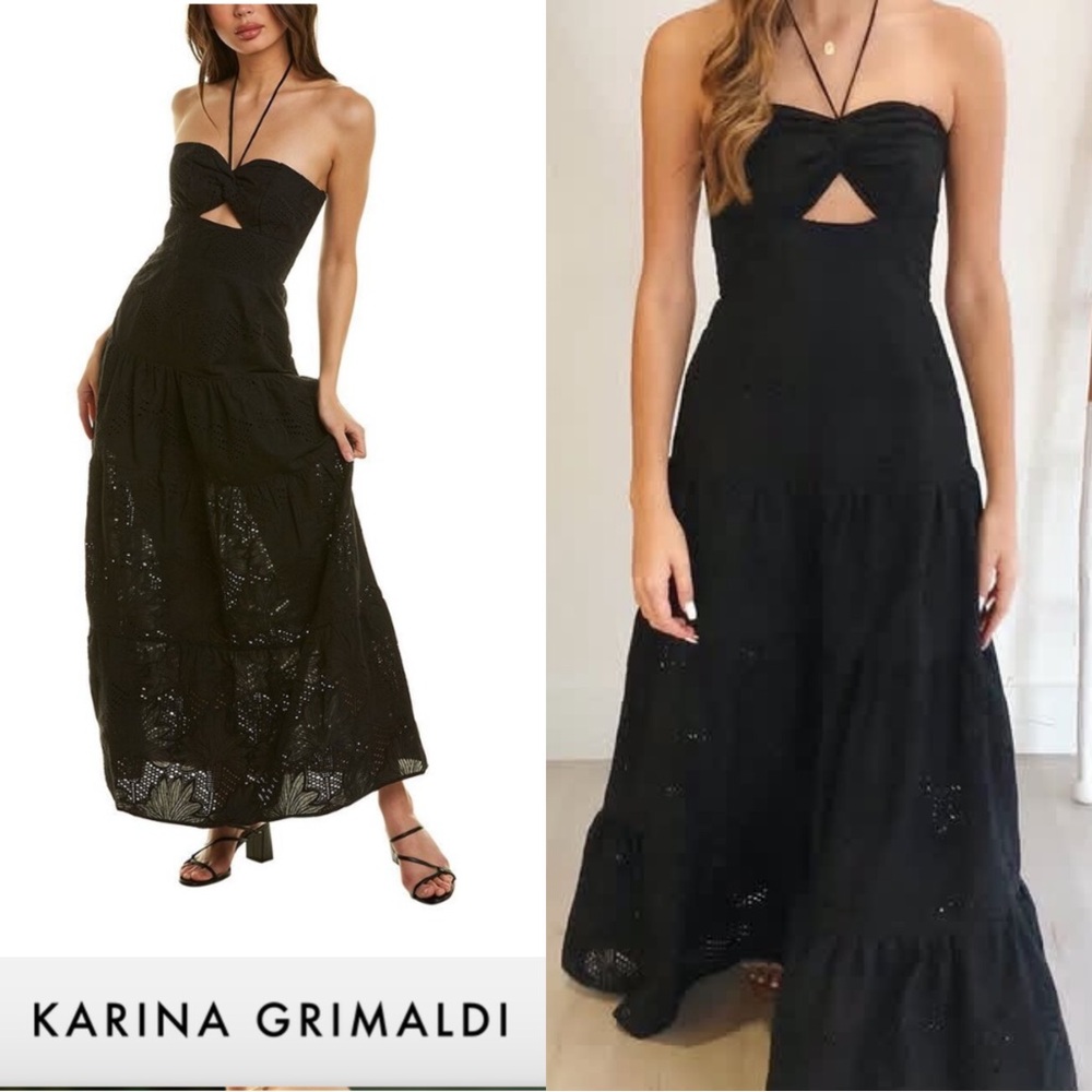 Karina Grimaldi Cecil Black Cotton Eyelet Lace Summer Ruffled Maxi Dress